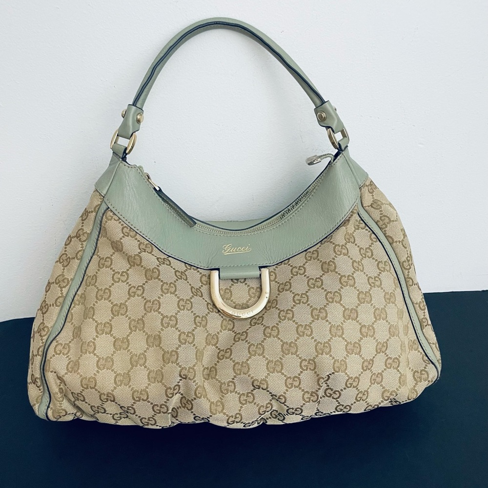 Gucci Beige Monogram Hobo with Sage Leather Trim